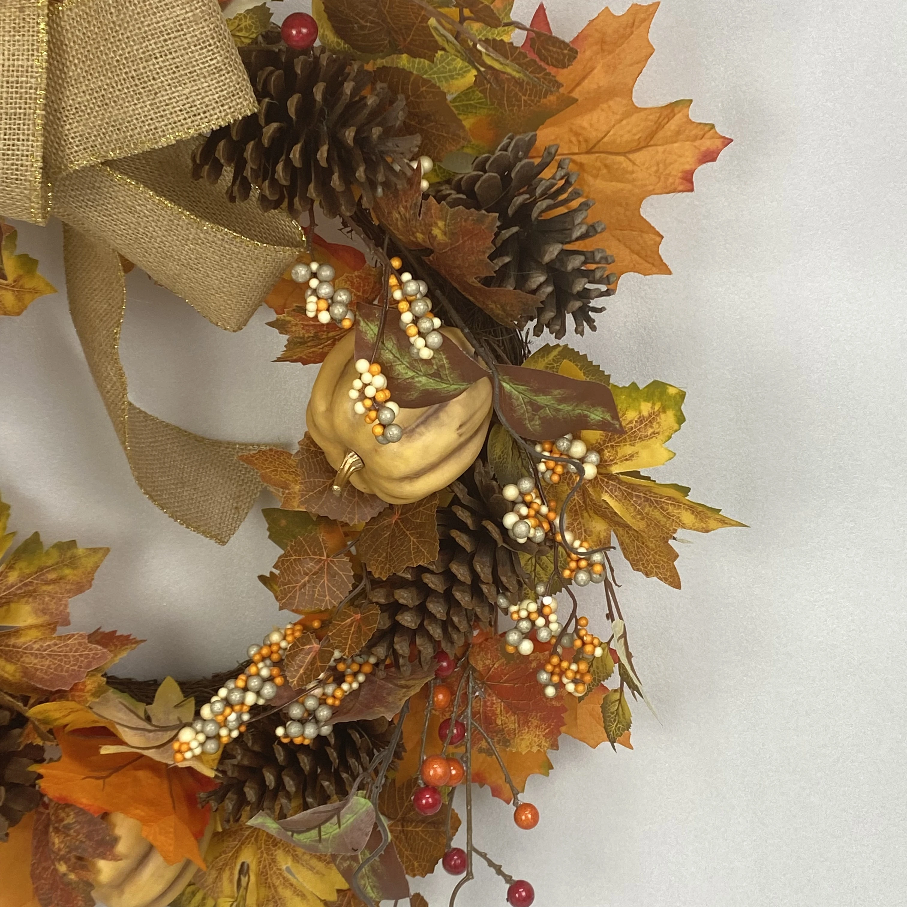 Artificial Harvest Plant Flower Wreath Yellow Maple Leaf Styrofoam Pumpkins Berry Natural Pinecone Autumn Wall Harvest Wreath