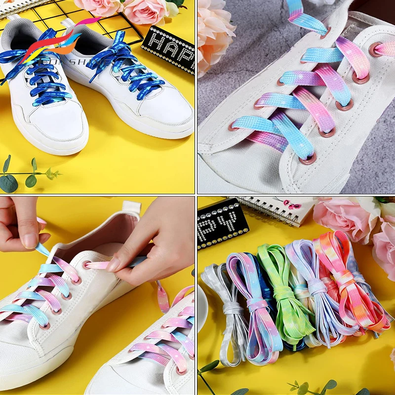 120cm Double Layer Heat Transfer Printed Pink White Blue Tie Dye Vintage Fades Shoelaces Custom