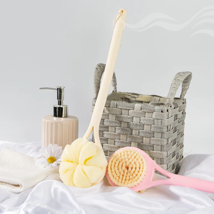 Bathroom Personal Cleaning Mesh Brush Rubbing Back 2 In 1 Long Handle Bath Body Brush Double-Side Shower Scrubber Cleaning Brush