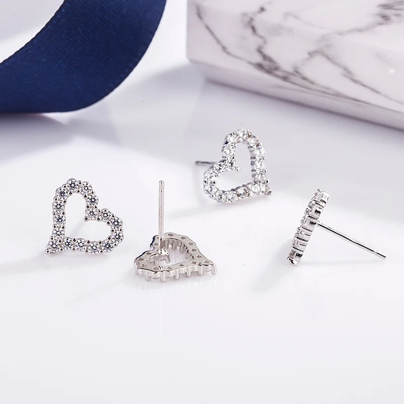 925 sterling silver Korean style zircon crystal heart stud earrings