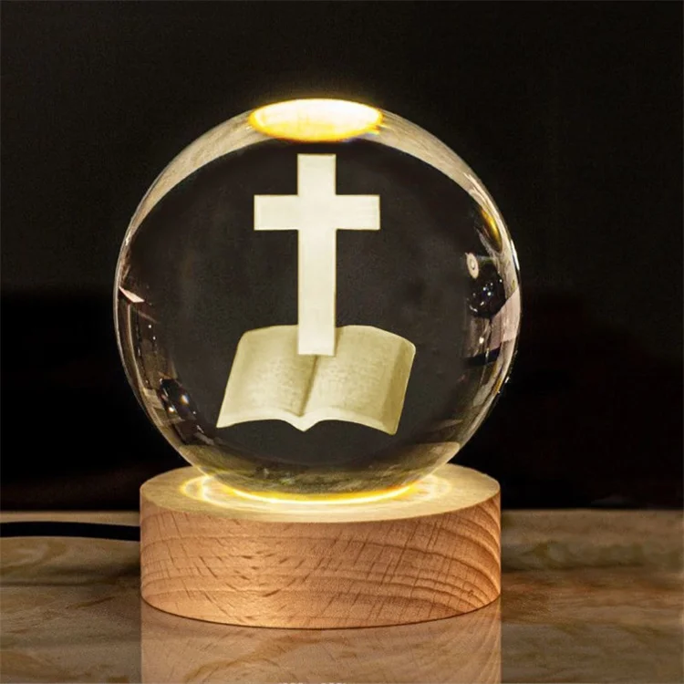 Wholesale 80mm Jesus    Crystal Ball Night Light Ornaments 3d Crystal Ball Lamp with led Base