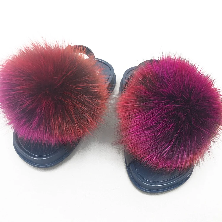 
Detachable big fluffy pom ball fox fur slides for toddlers kids with strap 