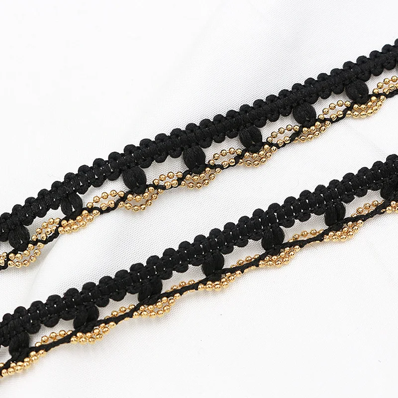 Latest 15 mm wide polyester curtain woven braid lace beads trimming black gold beaded edge lace trim
