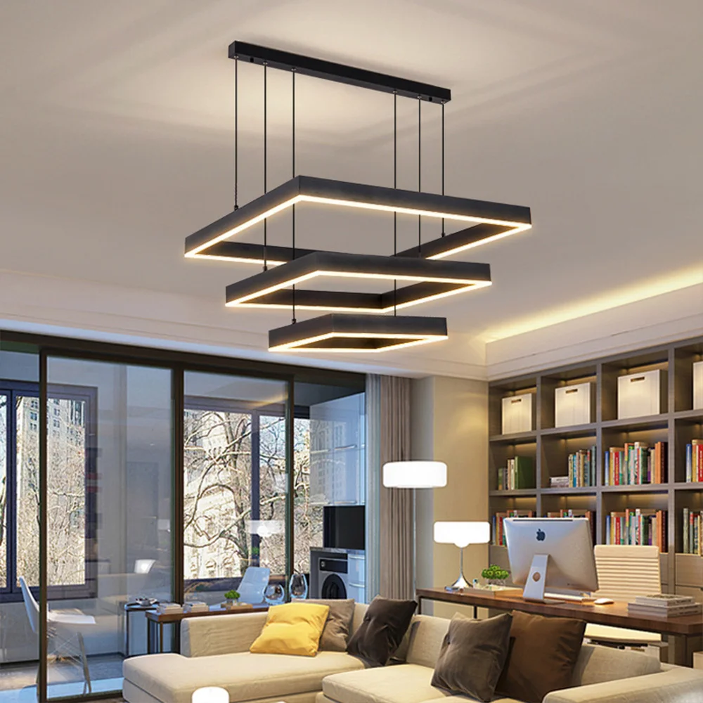 Simple design art line pendant lamp villa living room modern black led chandelier square metal line chandelier