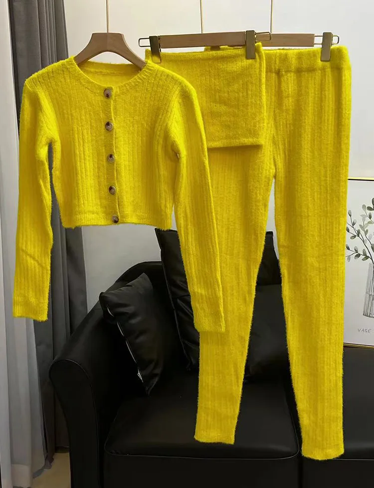 Lounge Sexy Sweater Tank Top And Pants Casual Homewear Outfits Suit Women Winter 2023 Three Pieces Set Cozy Knit Set 3 Piece