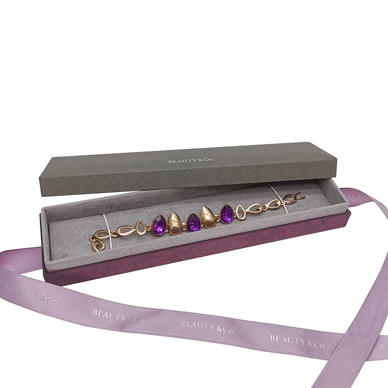 High-End Microfiber Pendant Bangle Ring Packaging Gift Jewelry Set Box With Polyester Ribbon Bow