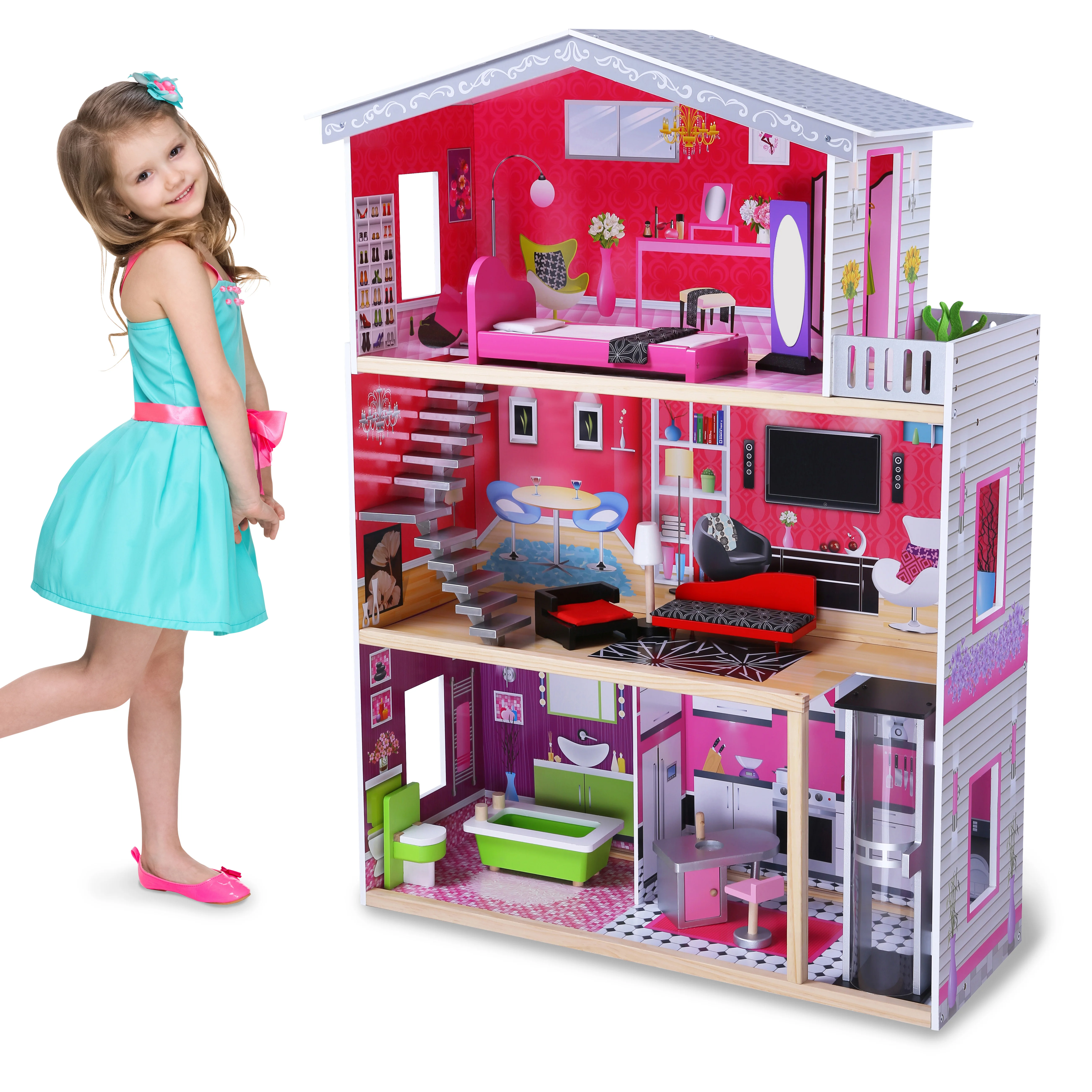 Montessori Toys Educational Wooden Doll House for Toddler Dollhouse Toy