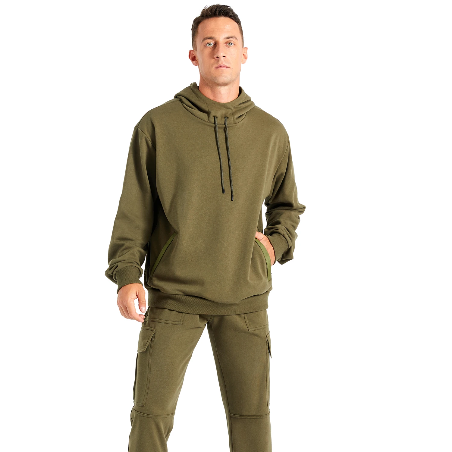 Custom Design 260GSM 100% Cotton Army Green Jumper Sports Style Long Sleeve Plus Size Men Hoodie