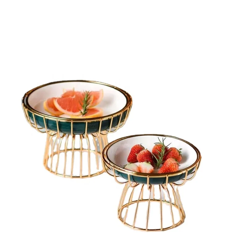 Handmade ceramic salad bowl, luxury fruit bowl for dessert Nordic style with metal rack