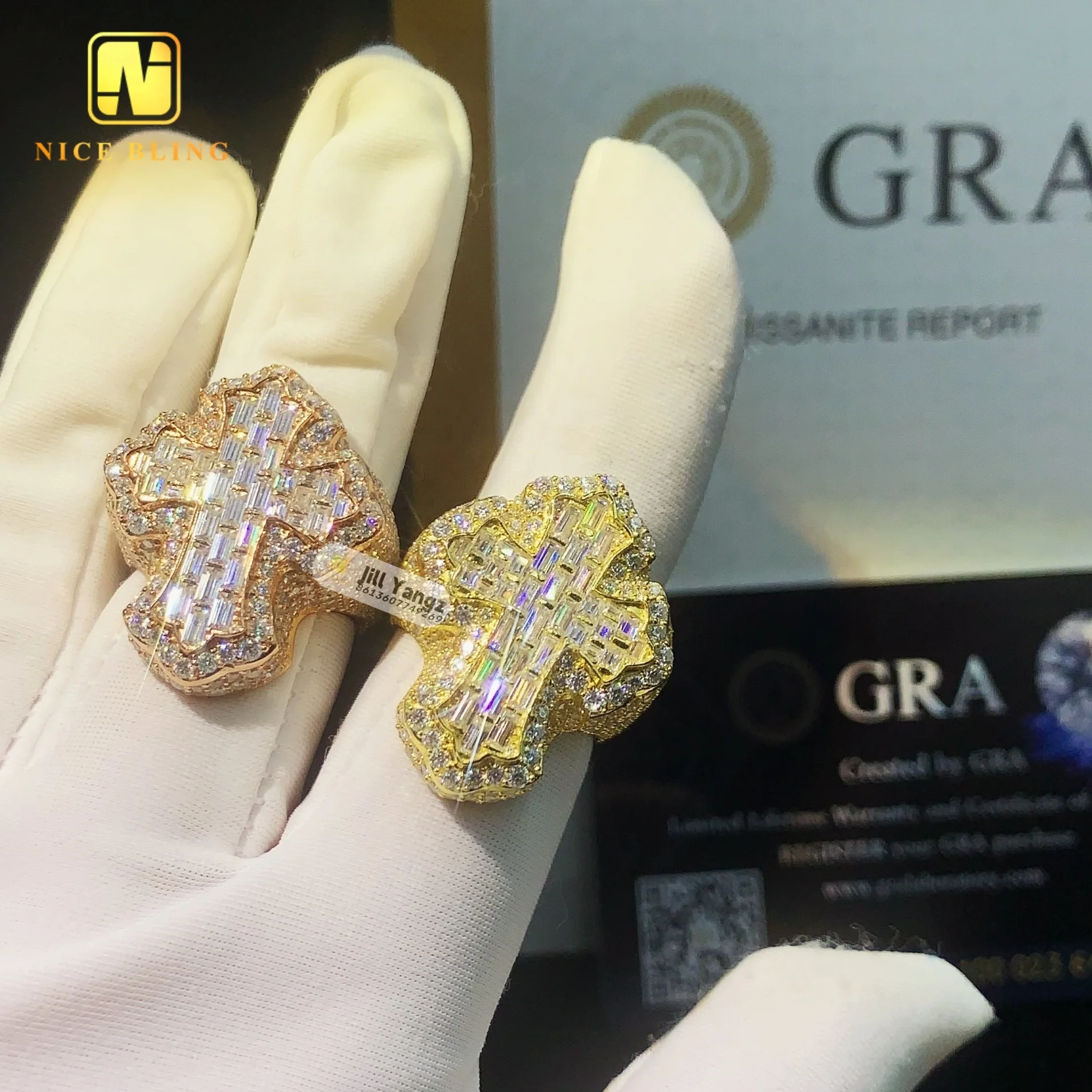 Insta Popular Baguette Cut Cross Ring vvs moissanite Championship Ring sterling silver rings for men hip hop Rock Fine Jewelry