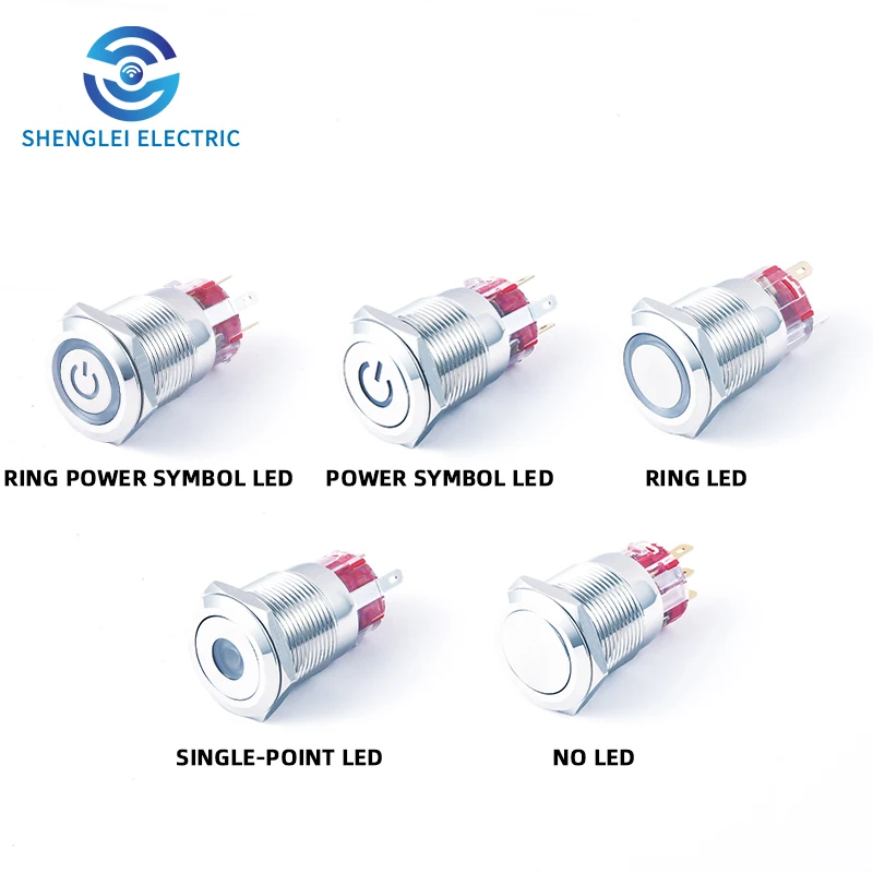 SHENGLEI 19mm Metal High Ring Light head push button switch Latching/Momentary illuminated 24v led waterproof button switches