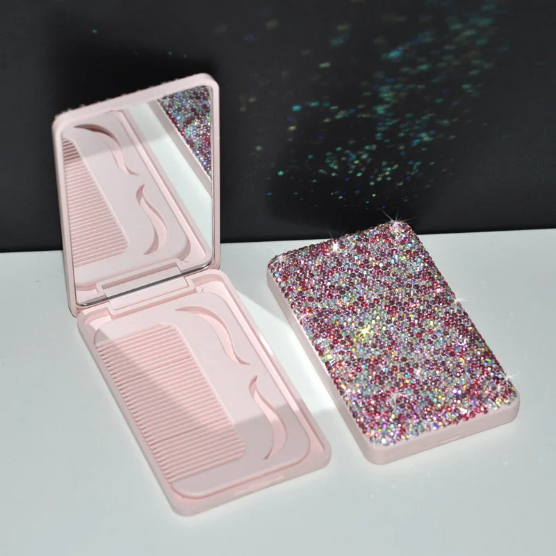 Luxury Rhinestone Travel Portable Folding Mirror With Hair Brush Pocket Hair Comb Mirror