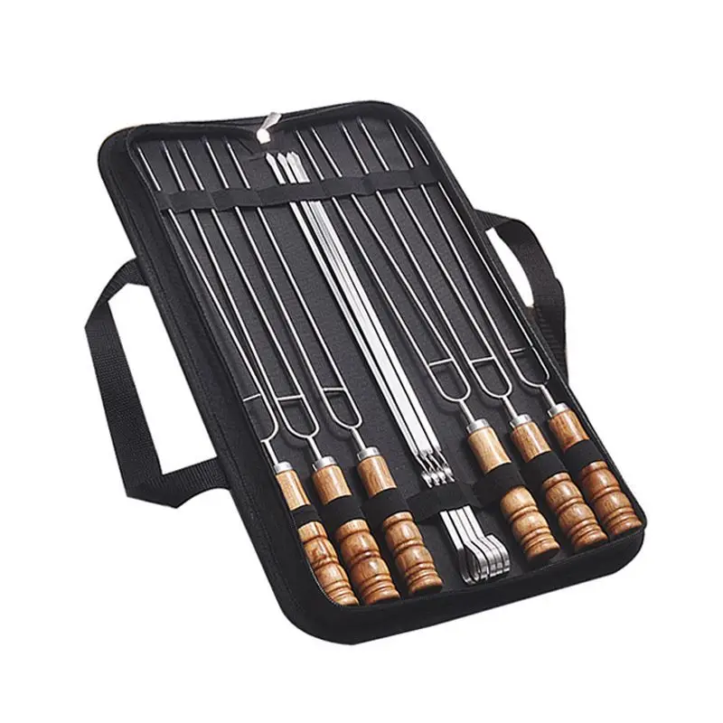 10 stainless steel barbecue forks stick wooden handle kebabs Turkish kebab set carry bag