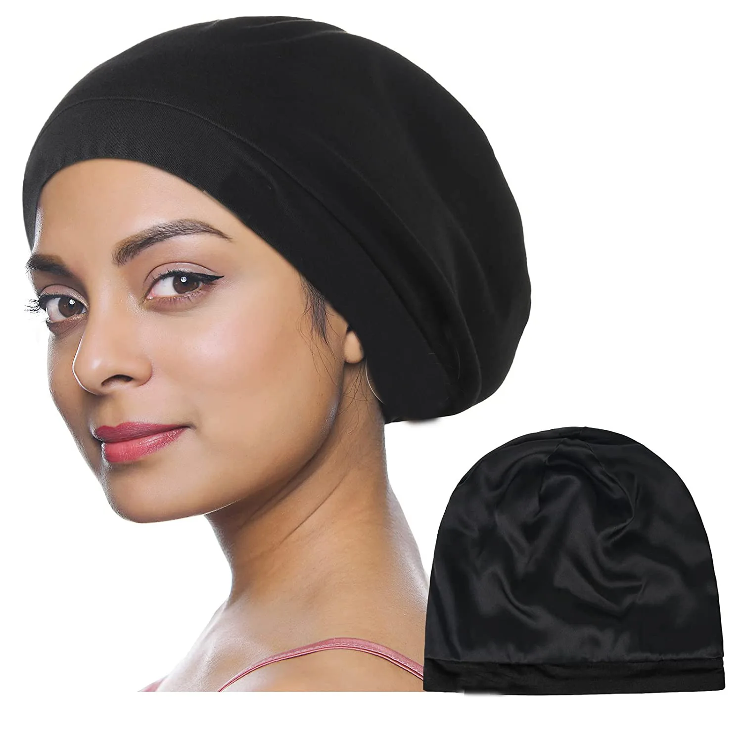 FF2498 Custom Women Silk Lined Slouchy Beanie Satin Lined Hair Wrap Curly Hair Sleep Cap Silk Satin Bonnets for Sleeping