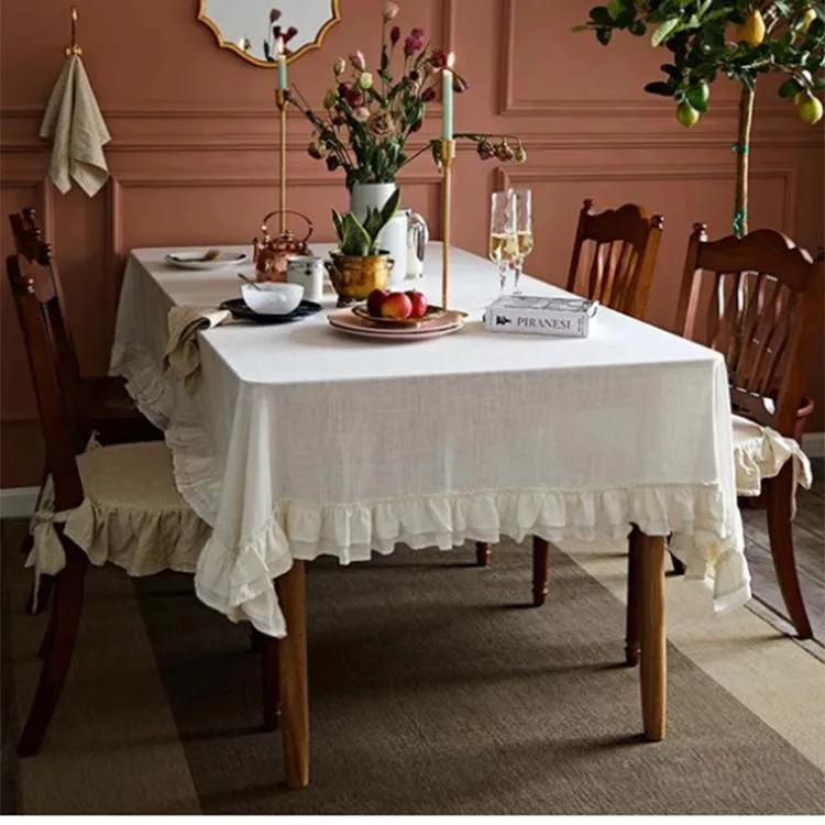 Popular Style Thick And Absorbent 100% linen Washed linen Tablecloth With Lotus Leaf Lace
