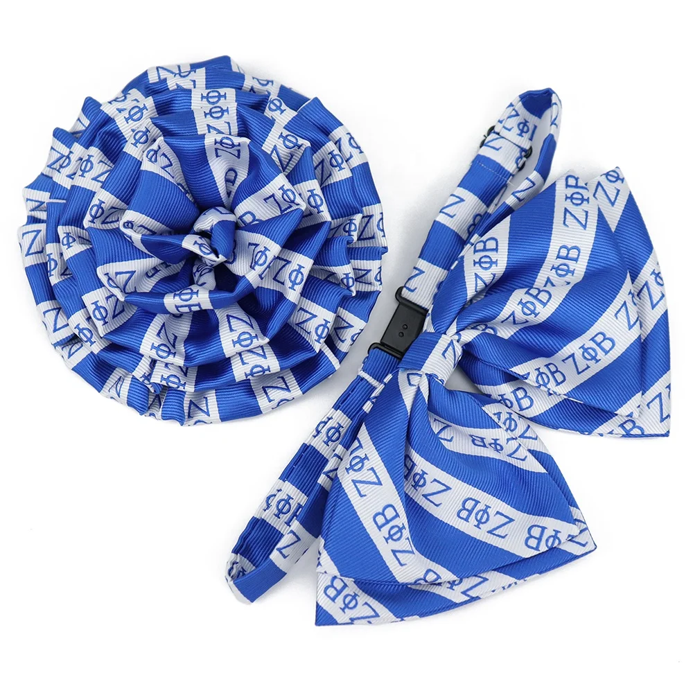 Customized Zeta Phi Beta Sorority Logo Woven Designs Brooches Pins White Striped Polyester Womens Corsage Bow Tie Set Royal Blue