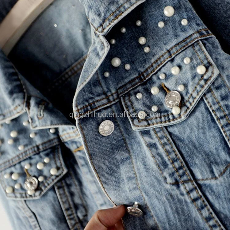 Autumn Street Wear Custom ODM Blue Jean Outdoor Motorcycle Jacket Women Beaded Denim Jacket