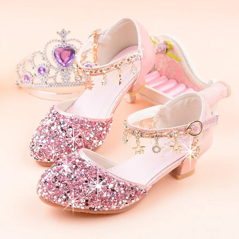 New Princess Fashion Girls Shoes Glitter Shiny Sandals Girls High Heel beautiful Shoes With Rhinestone School Party Show Shoe
