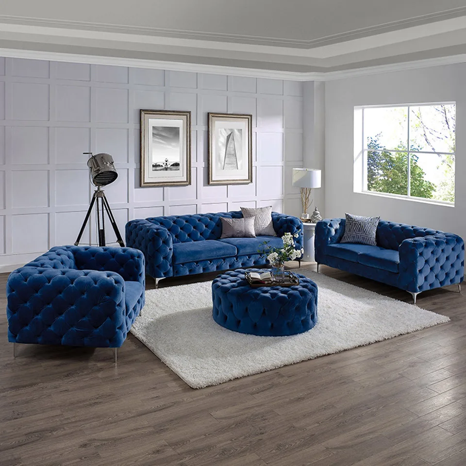 Italian Luxury Modern Sectional Living Room Couch Blue Velvet Tufted l Shape Sofa Cama De Canto Chesterield Sofa Set Design