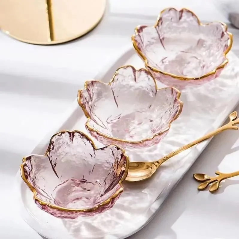 Small Glass Dish Nordic Style Gold Inlay Glass Sauce Bowl Mini Japanese Cherry Blossoms Seasoning Plate For Ice Cream Fruit Sala