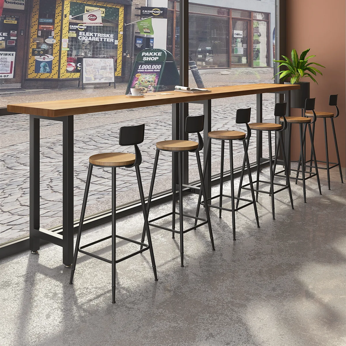 American Vintage Solid Wood Coffee Shop Counter Furniture Sets Cafe Combination Metal Simple Modern High Leg Narrow Long Bar