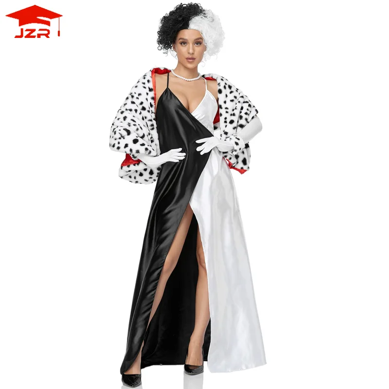 Adults Black White Witch Dress Gloves Wig Cruella Coat Women Dress Cosplay Halloween Costume