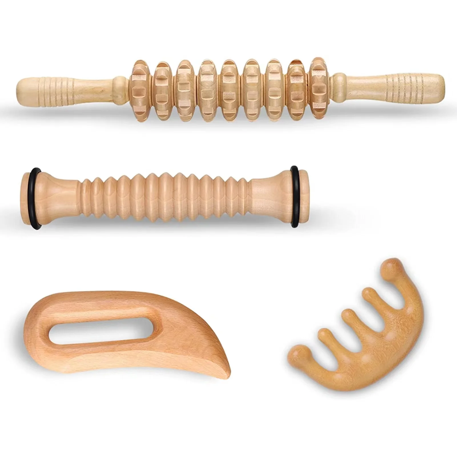4 In 1 Wood Therapy Massage Tools Lymphatic Drainage Anti-Cellulite Massager With Wide Tooth Comb And Foot Care