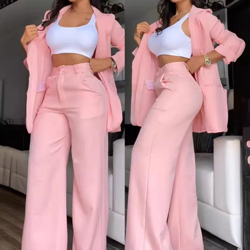 Women Solid Color Suit Set with Split Sleeve Detail Lapel Collar Straight Leg Trousers Design Jacket Wide Leg Pants Two Pieces