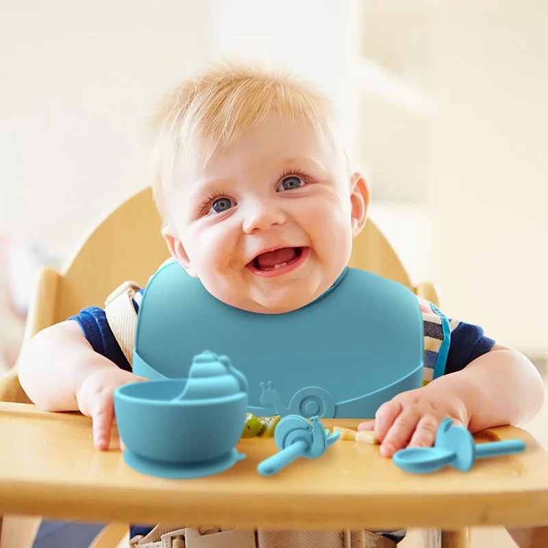 Fast Shipping Price BPA Free Food Grade Silicone Snail Animal Suction Tableware Baby Bowl Silicone Baby Feeding Set