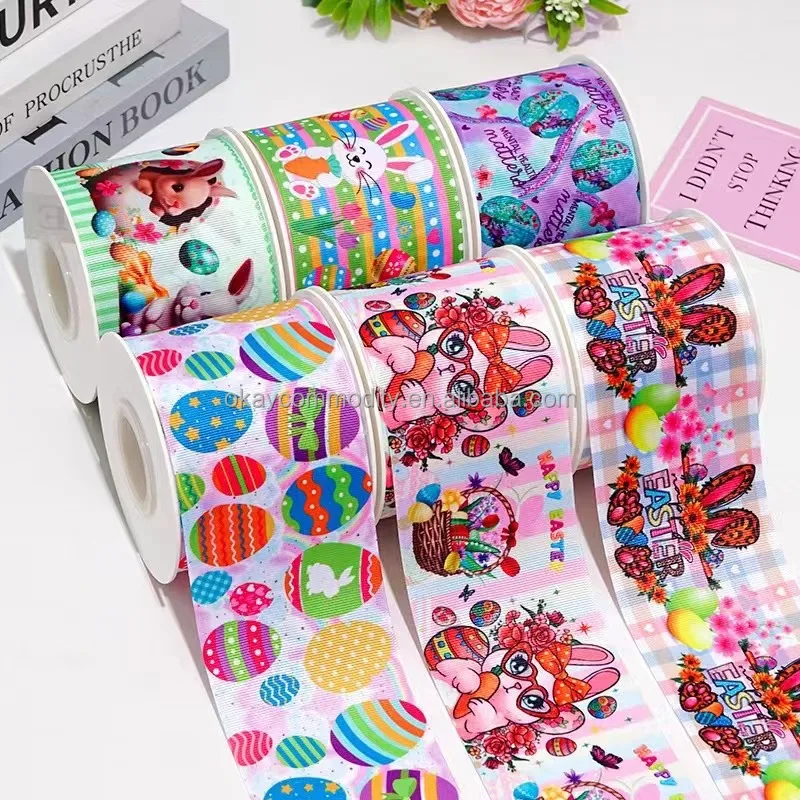 OKAY Rabbit And Egg Printed Grosgrain Ribbon Spring Easter Bunny Fabric Ribbon for Wrapping DIY Crafts Decoration