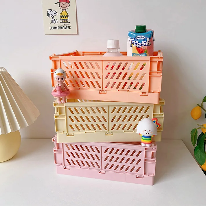 Cute Colorful Cleaning Organization Crates Storage bin Plastic Folding Baskets Pastel Crates for Desktop Drawer Shelf