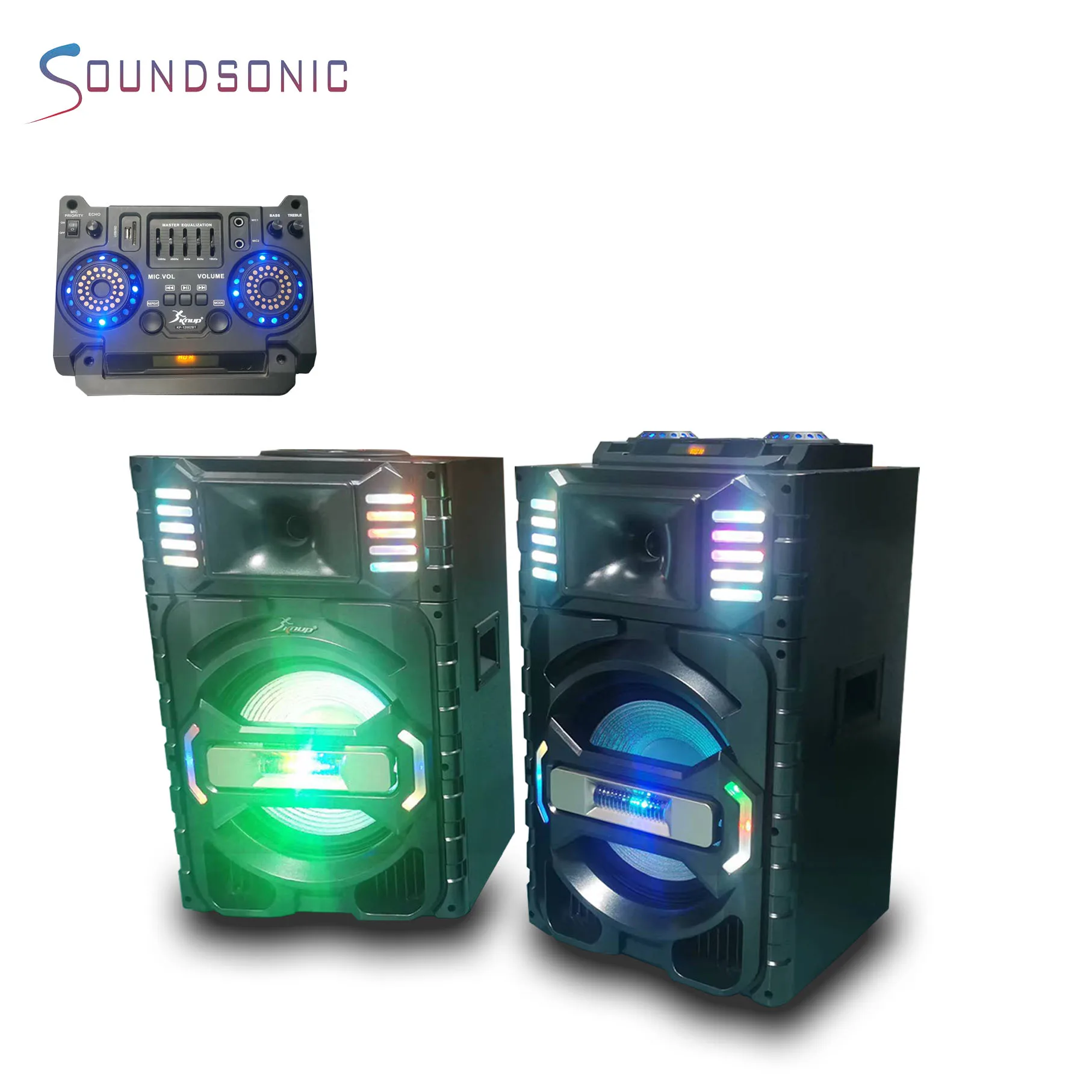 Hot sale big power 100W*2 stage speaker double 12 inch with  5 EQ active speaker with lamp ball