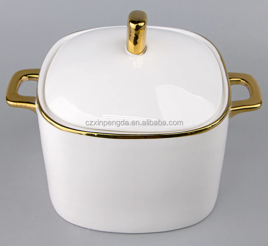 Square shape ceramic white soup tureen with lid with for promotional dinner set tureen with gold rim