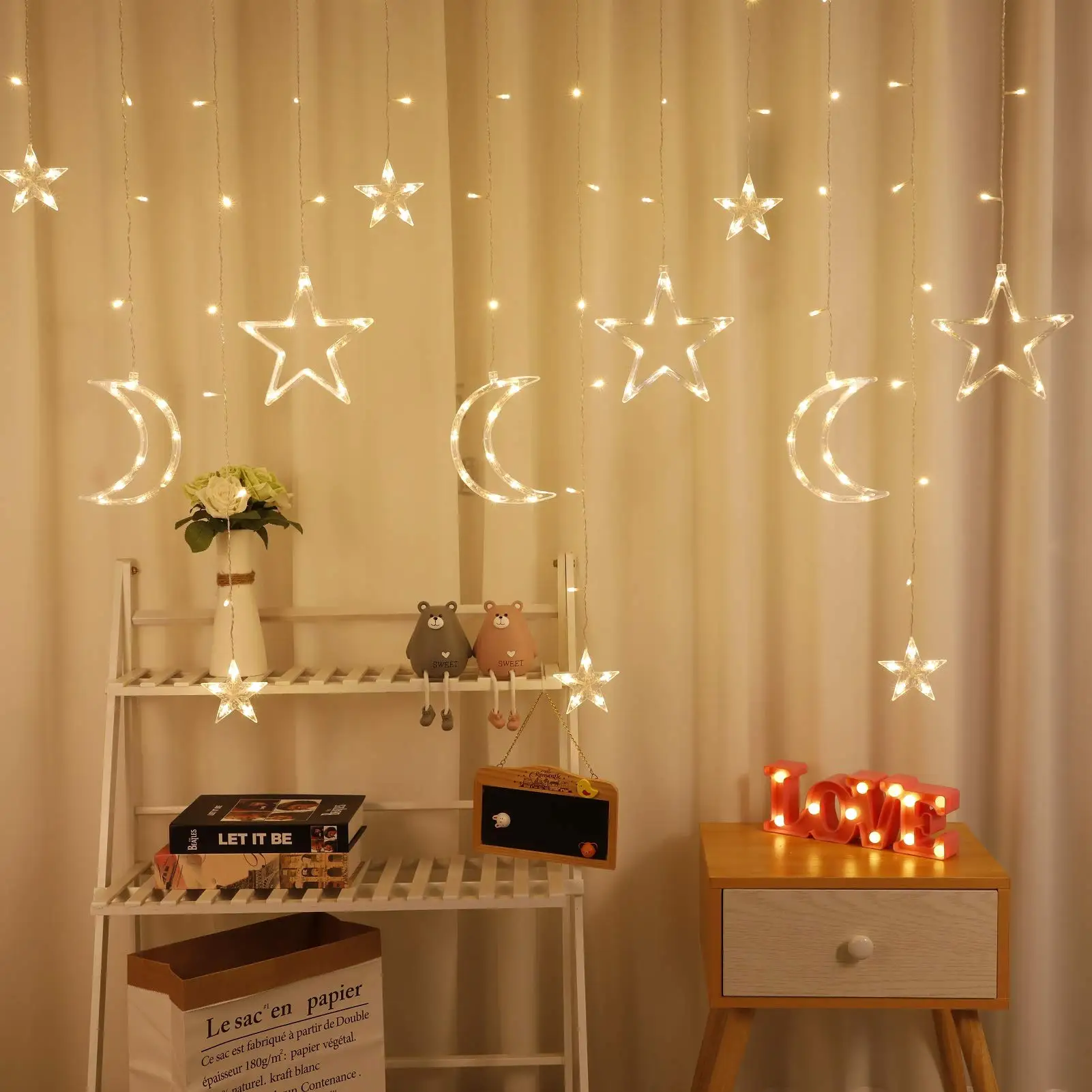 Factory made Wholesale Eid Ramadan Eid Decoration 138 LED Fairy Lights Christmas Fairy Led Moon Star Window Curtain Lights
