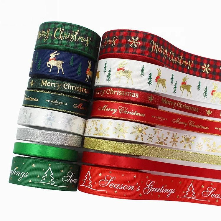 snow deer merry christmas tree printed ribbon set holiday party woven edge satin ribbon for packing