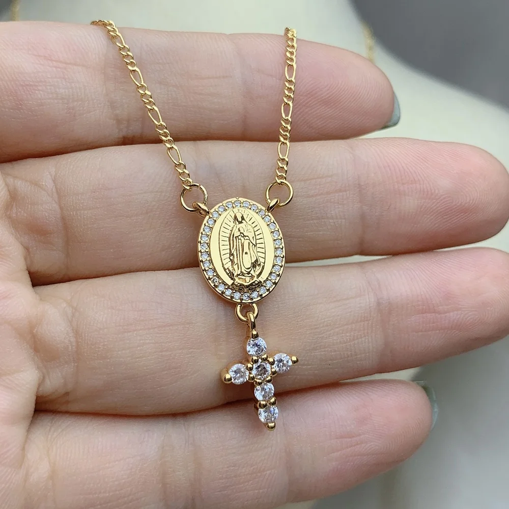 Metal Plated 18k Gold Zircon Small Cross Virgin Mary Pendant Figaro Chain Necklace For Women Jewelry