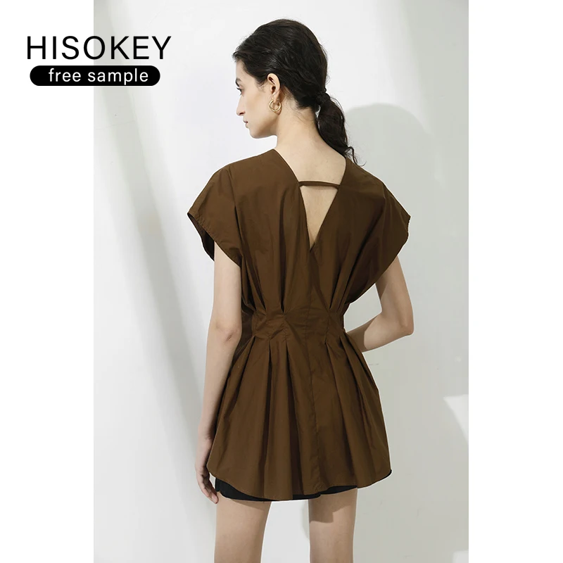 HISOKEY autumn 2021 Minimalist high sense V collar casual waist fold slimming vintage dress top dresses women