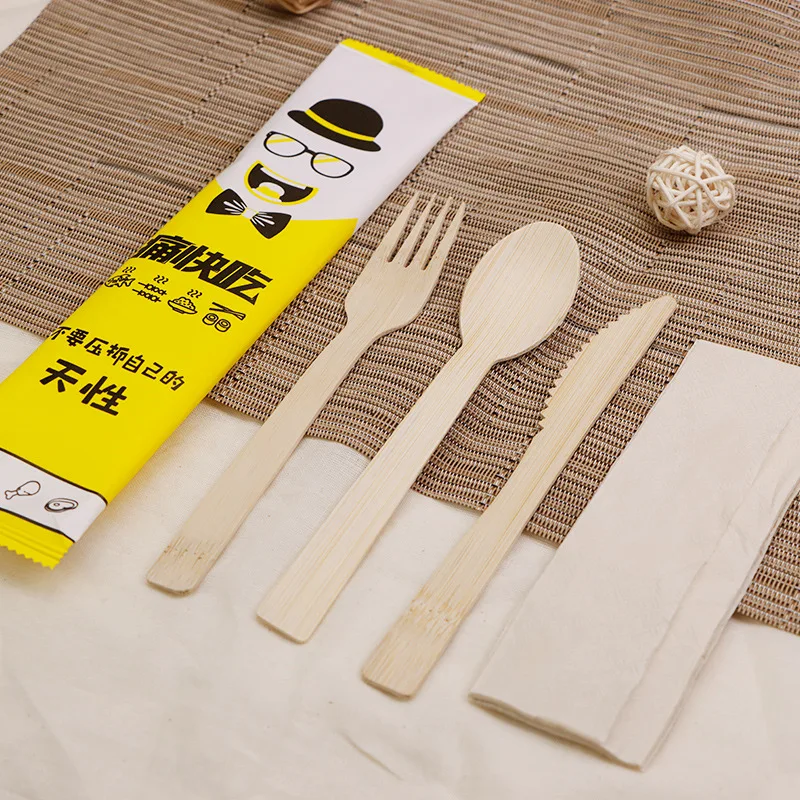 Eco-friendly disposable bamboo knife, fork and spoon cutlery wholesale steak knife, fork and chopsticks takeaway cutlery pack