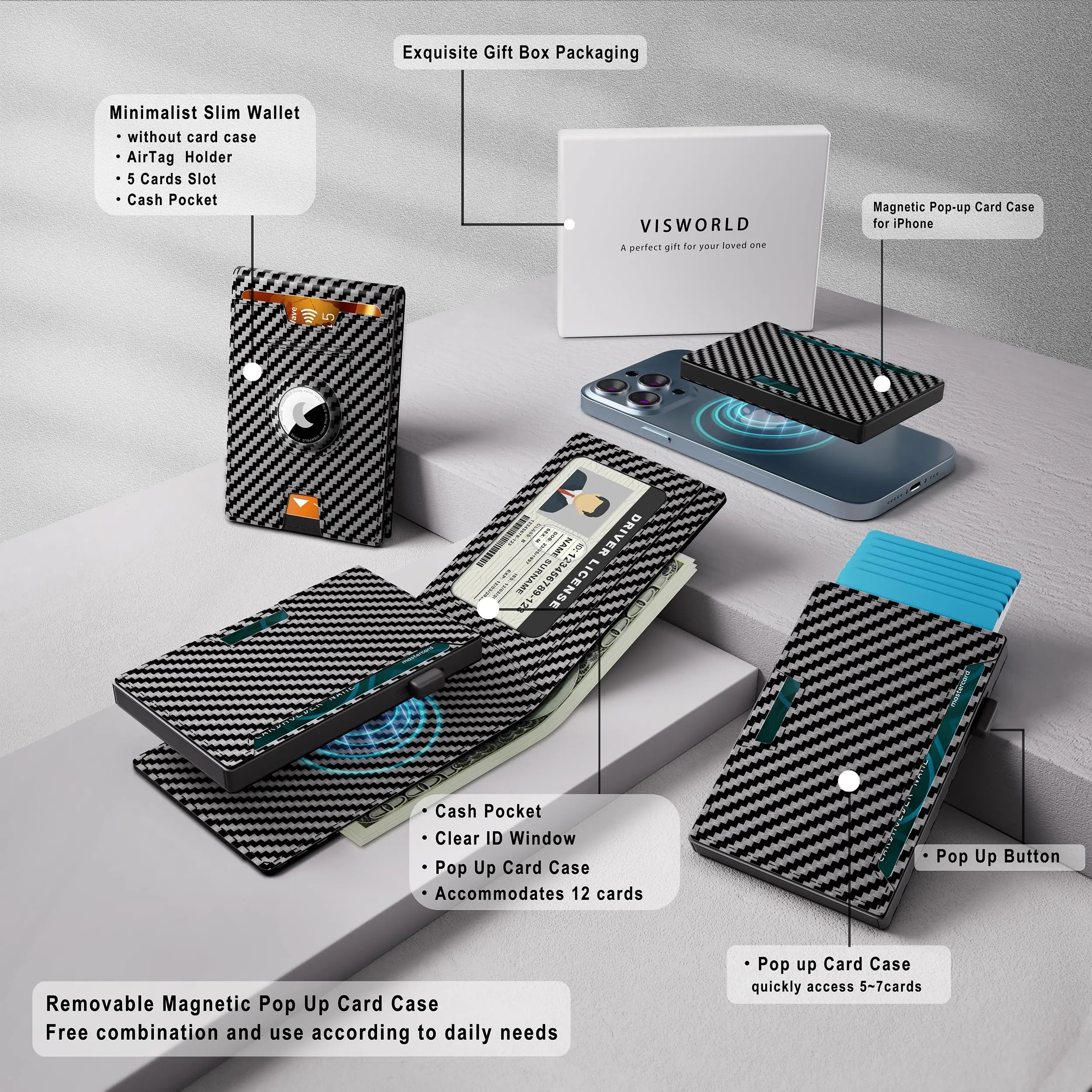 Carbon Fiber Leather Magnetic Close Wallet With Air Tag Holder RFID Blocking Business Pop Up Credit Card Holder Wallet