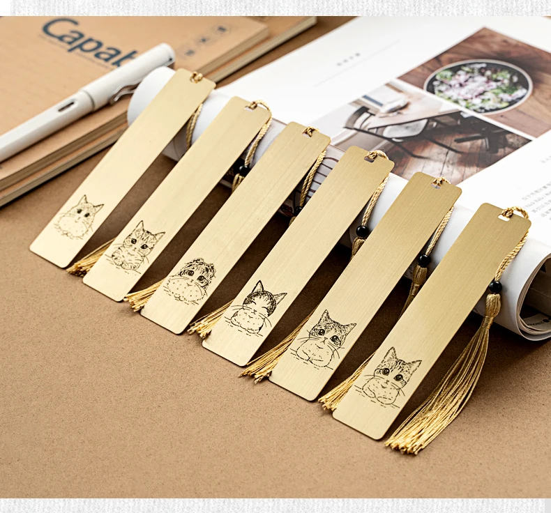 Golden Cute Cat Metal Bookmark With Tassel And Custom Logo,Gold Plated Funny Promotional Brass Bookmark Metal,Boxed Bookmark