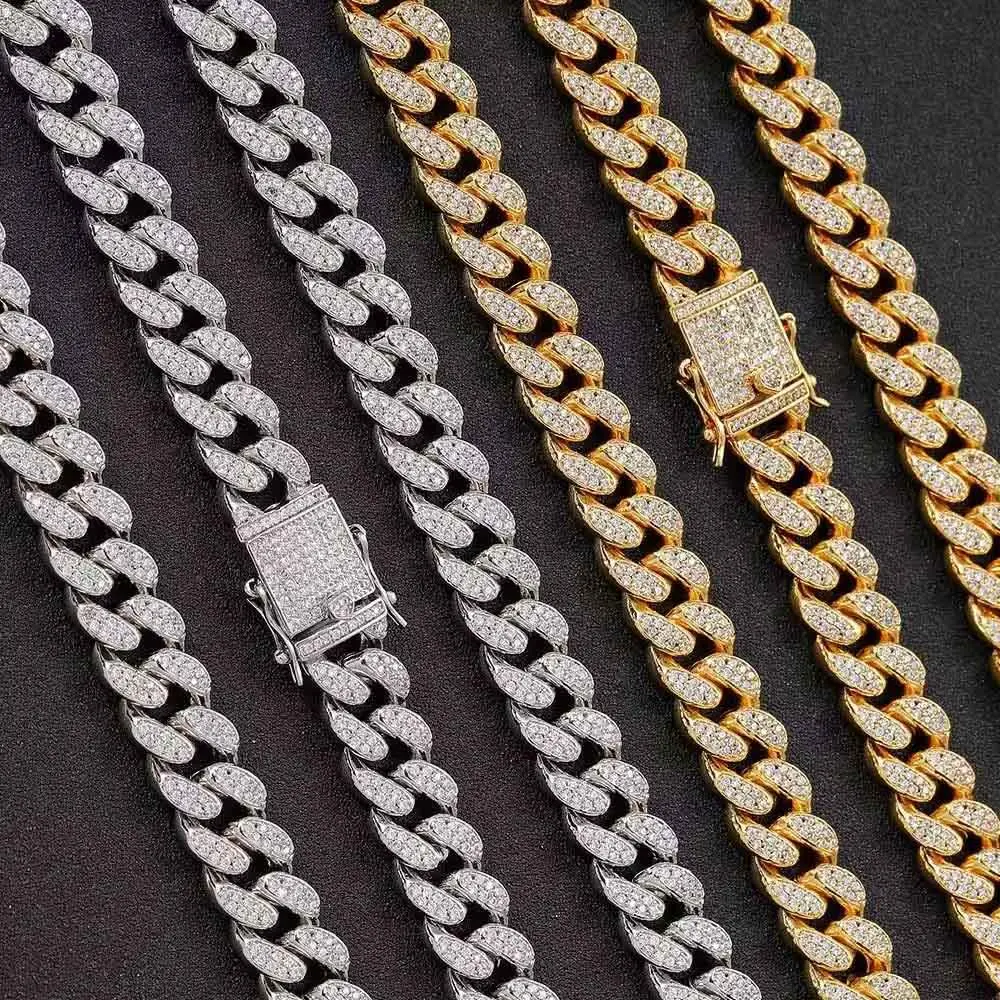 Wholesale Price Hip Hop Jewelry Sliver Gold Plated Hand Setting Rhinestone Diamond Miami Cuban Link Chain Necklace For Men