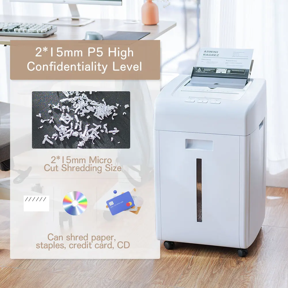 2x15mm 35 Liter Office Paper Shredder Automatic Machine A4 P-5 Level for Castor Wheels Applicable to Educational Institutions