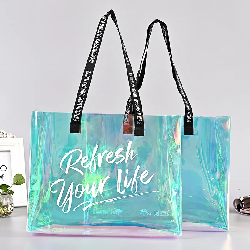 2022 Custom Logo Holographic Beach Bag Waterproof Laser Clear Women Large Capacity  PVC Shoulder Tote Bag With Handle
