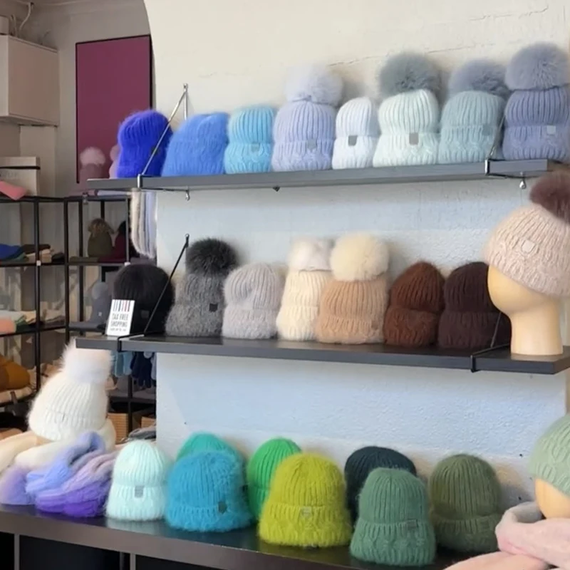 Natural Fox Fur Pompom Beanie Winter Knitted Hats for Women Warm Stripe Wool Beanie Custom Colorful Wide Cuff Skull Hat