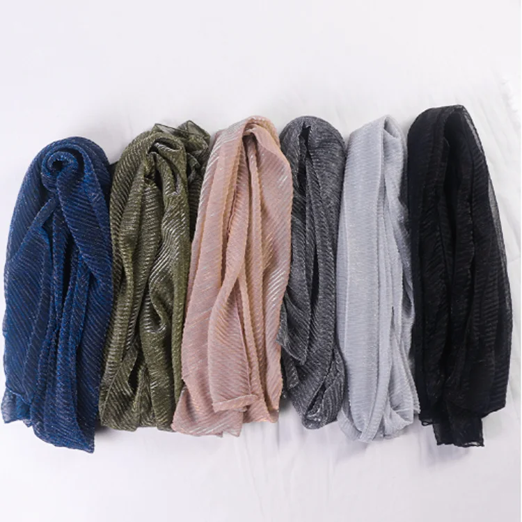 F-2659 fashion high quality lace breathable silver silk wrinkle scarf women muslim shawls turban long scarves muslim hijab