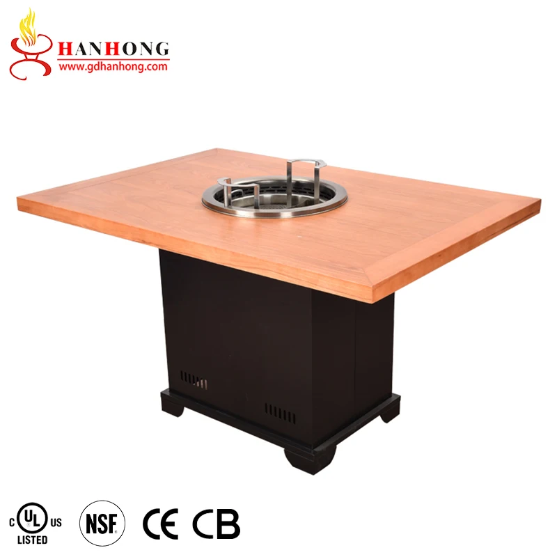 Restaurant Rectangle Metal Hot Pot Table with Wooden Top for Sale