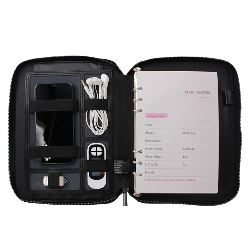 A5 Leather Notebook with Zipper Wireless Power Bank Portfolio File Folder Men Leather Powerbank Spiral / for Business Office