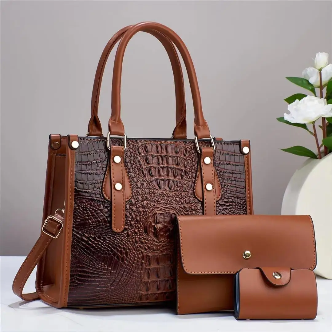 New Design Ladies Crocodile Pattern Handbag Large Capacity Tote Bags 3 pcs Handbag Set For Women