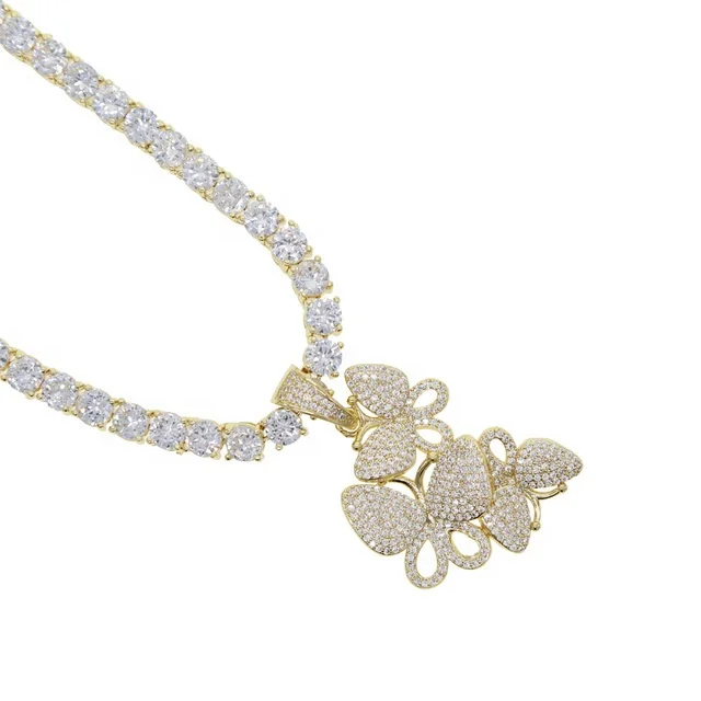 
SUNTOWN Drop Shipping Hip Hop Glitter Cuban Link Iced Out Chain 3 Butterflies Pendant Gold Butterfly Luxury Women Jewelry 