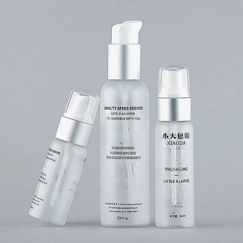 Stock!  Cosmetic packaging skin care set with Matt gold pump , empty clear frosted PET plastic cosmetic bottle with pump sprayer